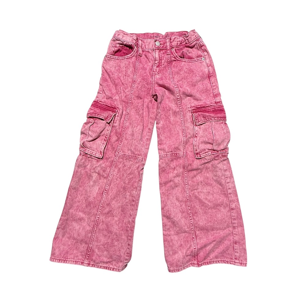 Old Navy Girls Pink Acid Wash Cargo Jeans High Rise Wide Leg Size 10 - Picture 2 of 4